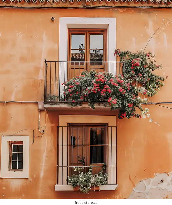 Orange Wall Building with Two Windows and Flowers