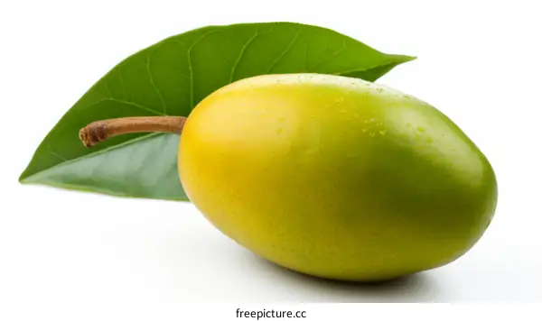Fresh organic yellow plum fruit with green leaf isolated on white background