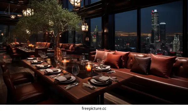 Luxurious restaurant interior with a view of the night city