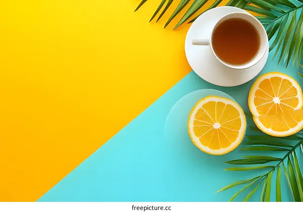 Yellow and Blue Background With Lemon Slices and Tea