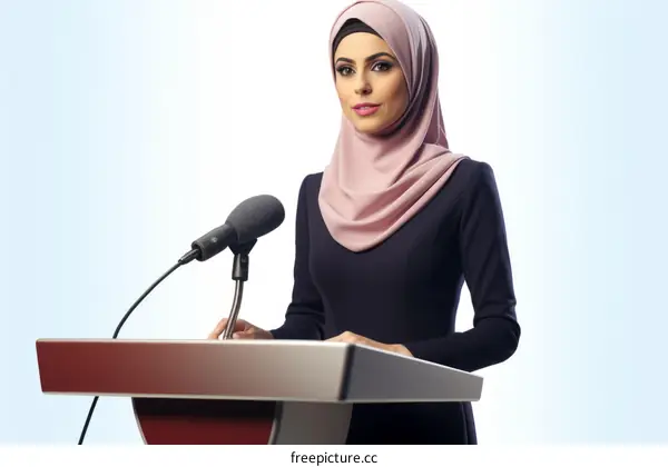 A young woman wearing a hijab is speaking at a podium.