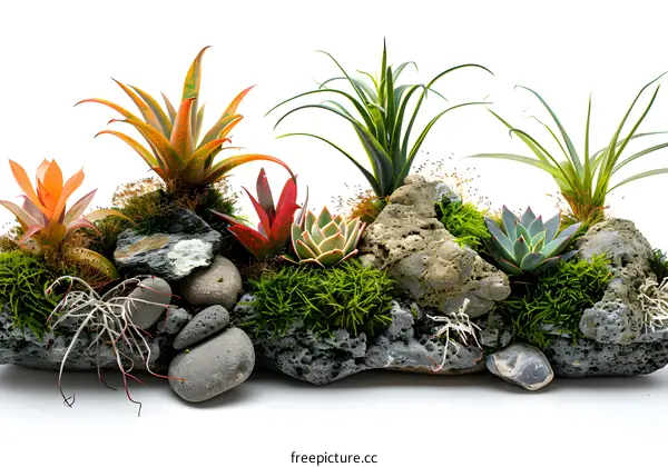 Colorful Succulents and Air Plants in Rock Garden