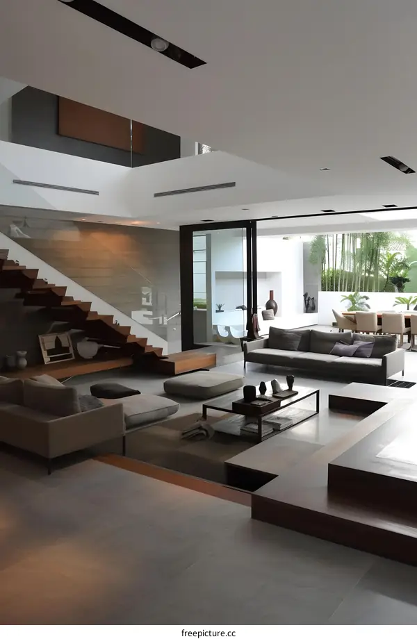 Modern Interior Design with Wooden Staircase and Glass Railing