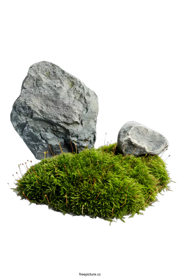 [Transparent Background PNG]Green Moss With Two Rocks On White Background