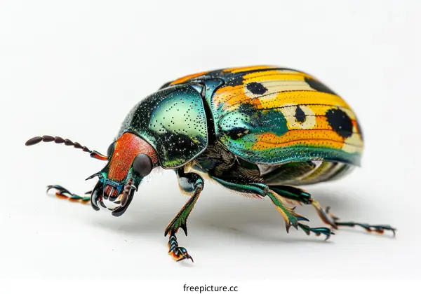A brightly colored beetle with a yellow spotted back