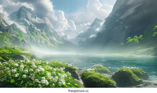 Misty Mountains Over Tranquil Lake