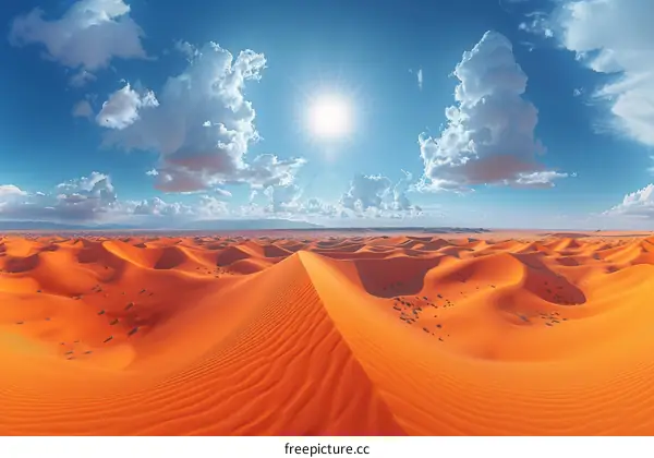 Huge sand dunes in the middle of a desert with a clear blue sky and white clouds