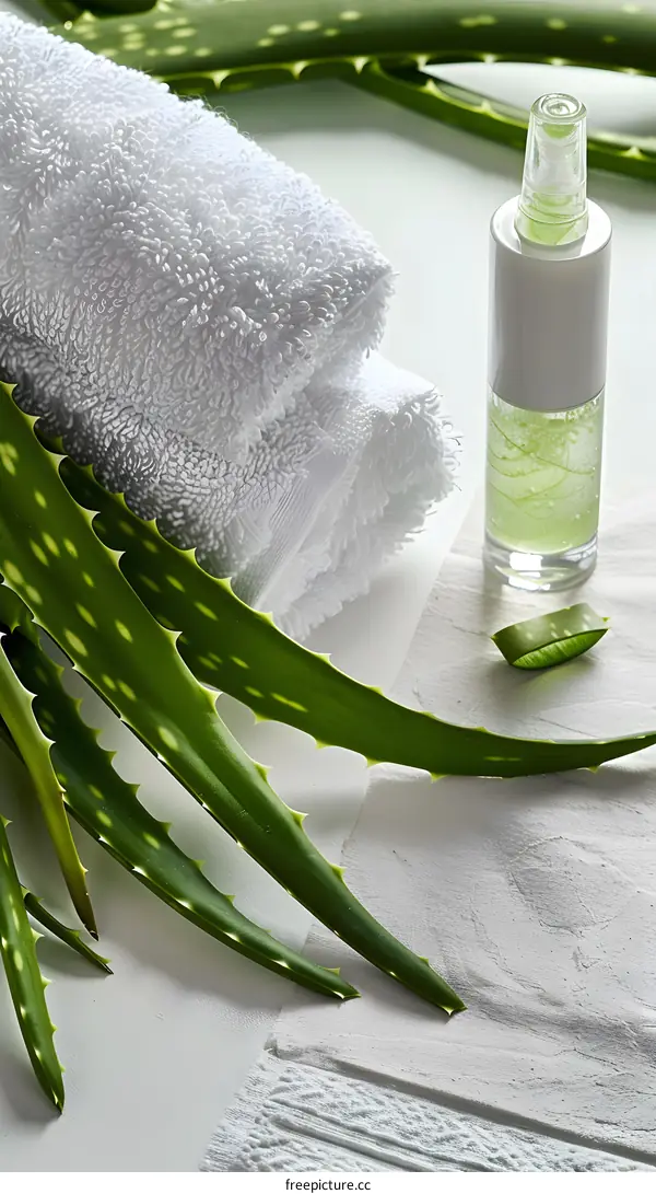 Aloe Vera Plant With White Towel And Gel In Bottle