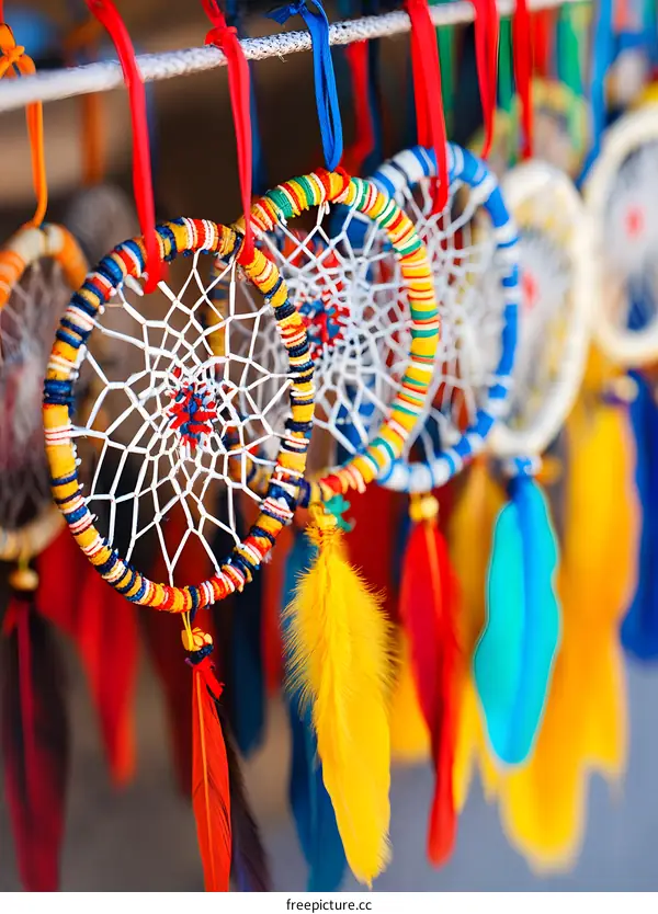 Colorful Dreamcatchers with Feathers Hanging From String