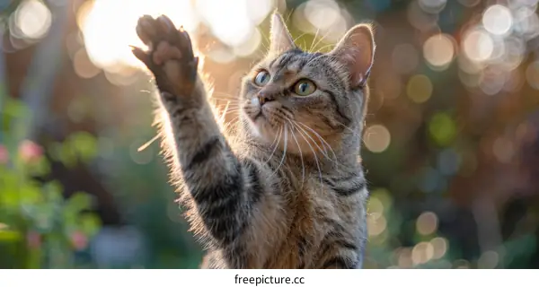 A cat reaching out with its paw in the sunlight