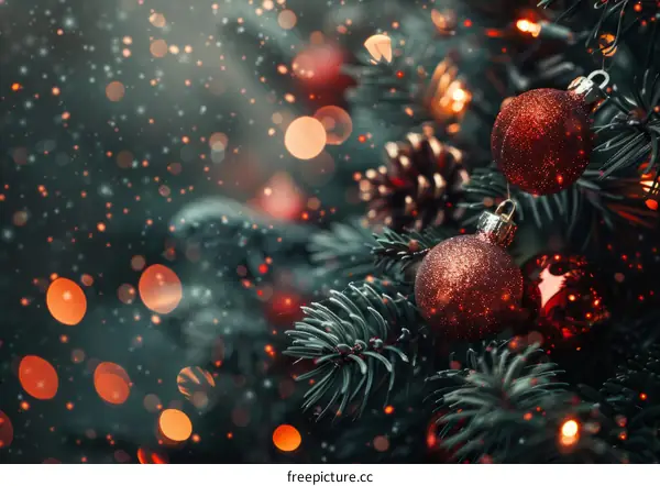 Christmas tree with red ornaments and twinkling lights