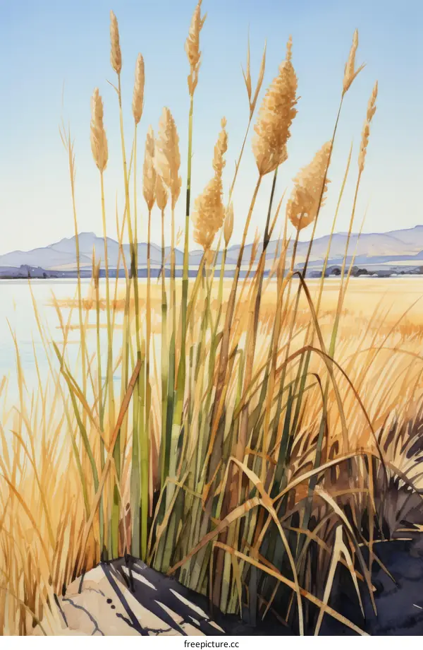 watercolor painting of bulrushes along the lake edge with distant mountains