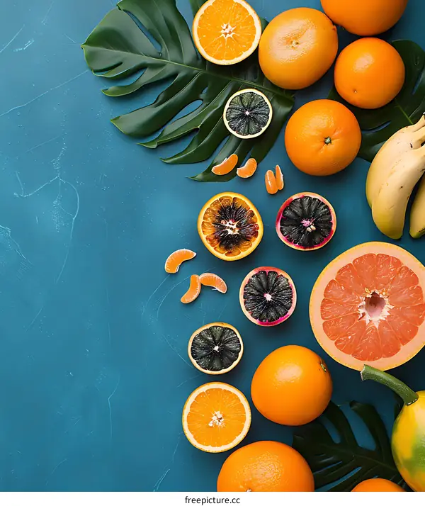 Tropical Fruits and Monstera Leaf on Blue Background
