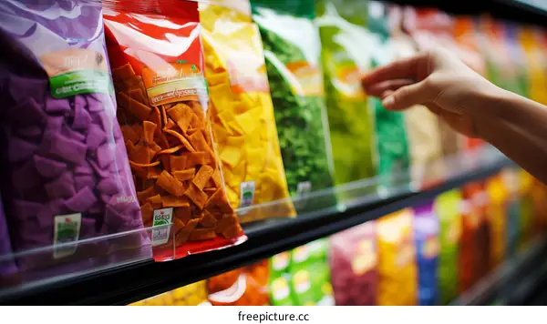 A hand reaching for a bag of chips on a grocery store shelf