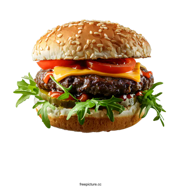 [Transparent Background PNG]A cheeseburger with lettuce, tomato, and pickles
