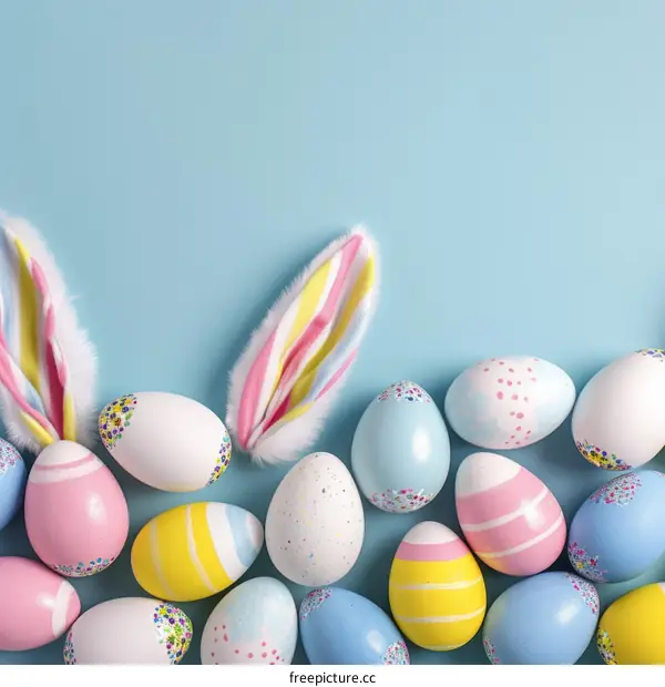 Colorful Easter eggs with bunny ears on blue background