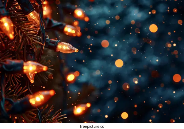 Close-up of a string of orange lights on a Christmas tree with blurred blue background
