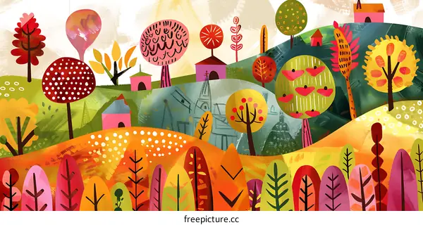 Colorful Autumn Illustration of a Village Landscape