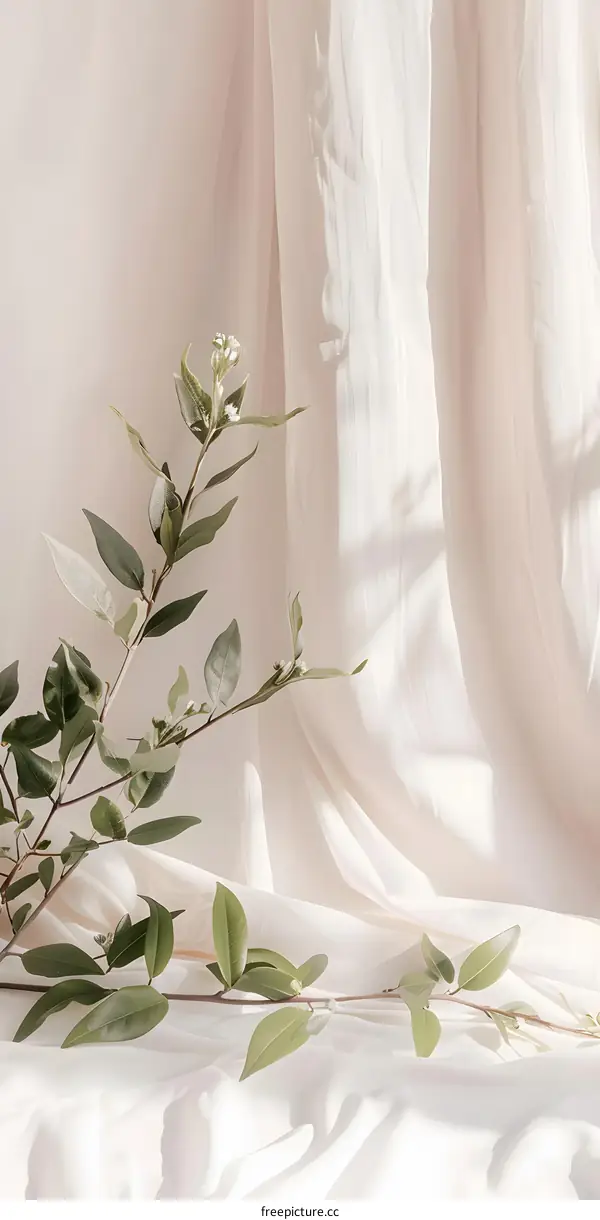 Green Branch with White Flowers on White Fabric