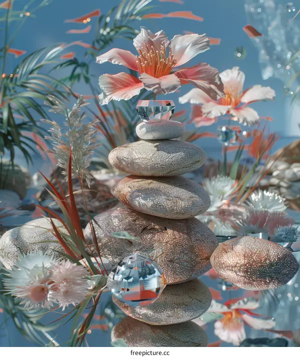 Surreal Still Life with Balanced Stones and Vibrant Flowers