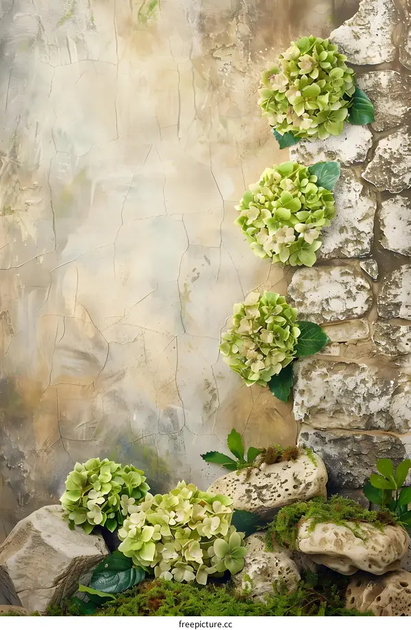 Green Hydrangea Flowers on Stone Wall and Rocks