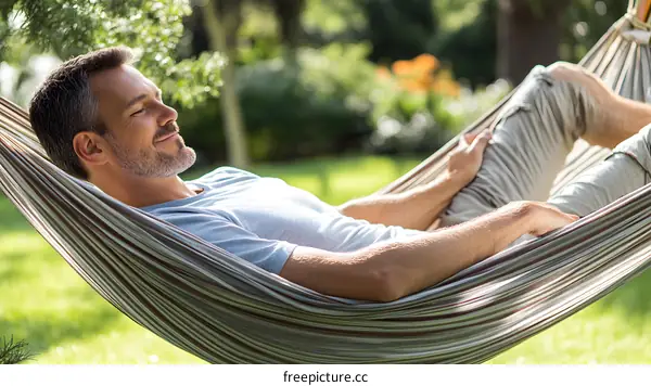 Man Relaxing in Hammock in a Garden