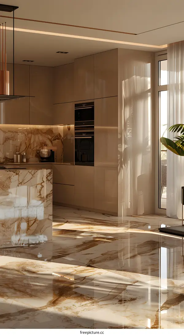 Bright and Airy Kitchen With Marble Island and Large Windows