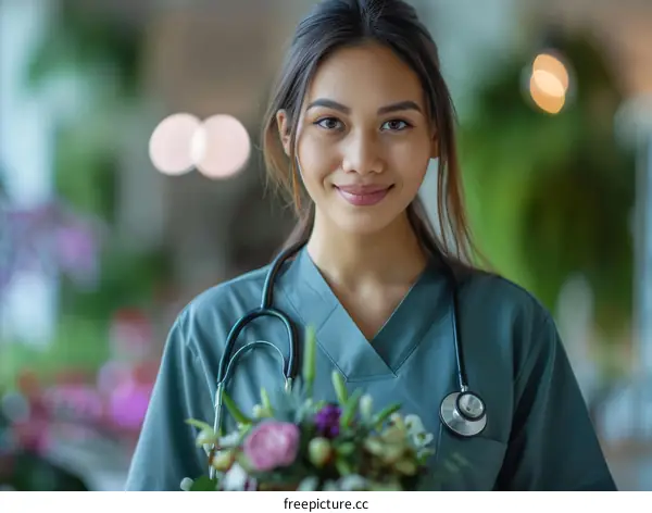 Portrait of a smiling female doctor or nurse holding a bouquet of flowers