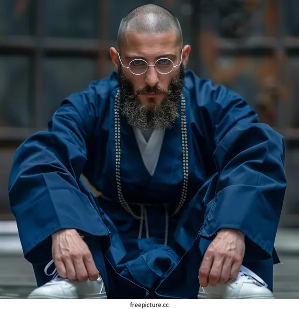A Bearded Man in a Blue Robe Sits on the Ground