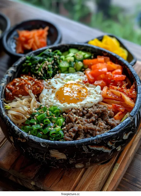A Bowl of Korean Bibimbap Topped with Egg and Vegetables