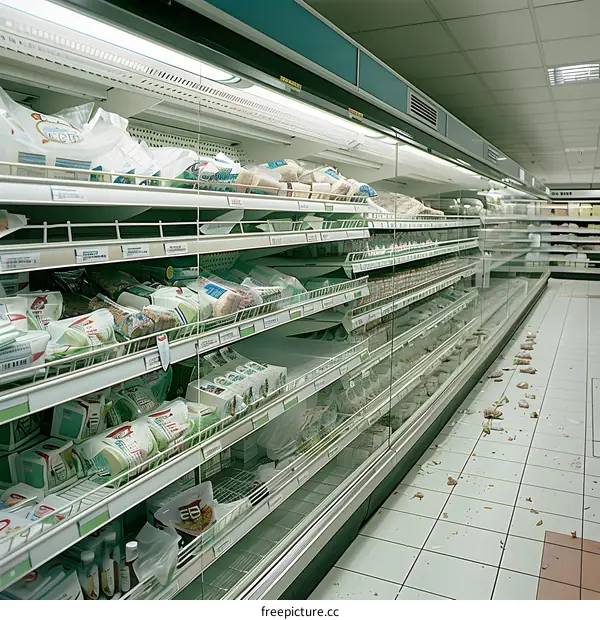 Empty Supermarket Shelves with Food Packages Scattered on the Floor