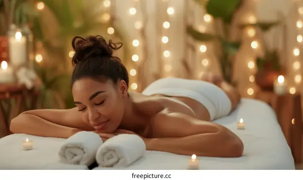 Relaxing African American Woman Enjoying Spa Massage