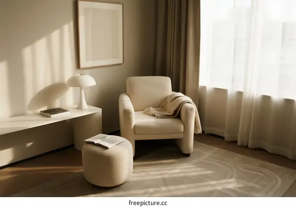 Minimalist beige armchair with ottoman near window in modern room