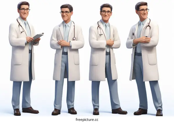 Four cartoon doctors in white coats