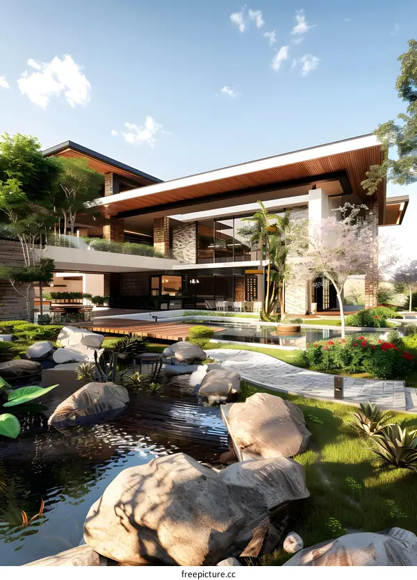 Modern House with Garden and Pond