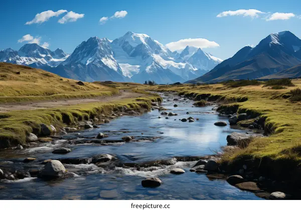 A river flowing through a valley in the mountains