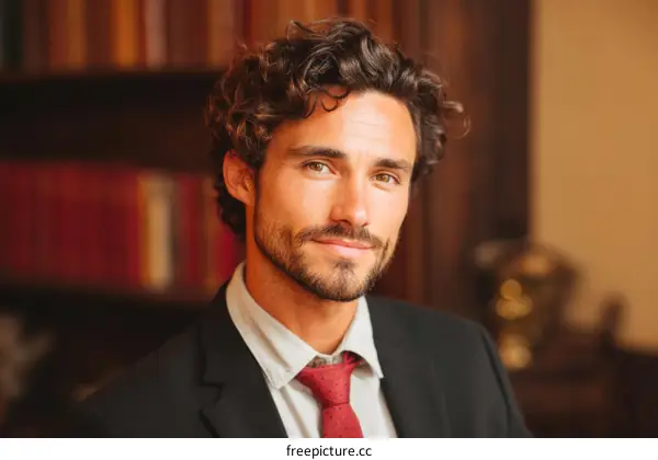 Portrait of a confident man in formal suit with bookshelf background