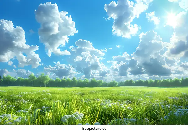 Green field with white flowers under blue sky with white clouds