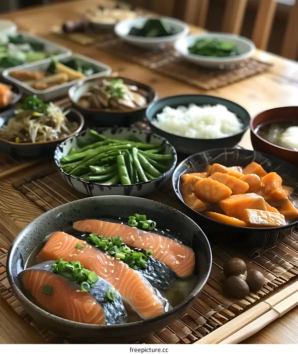 Japanese Salmon Dish with Green Beans, Sweet Potato and Rice