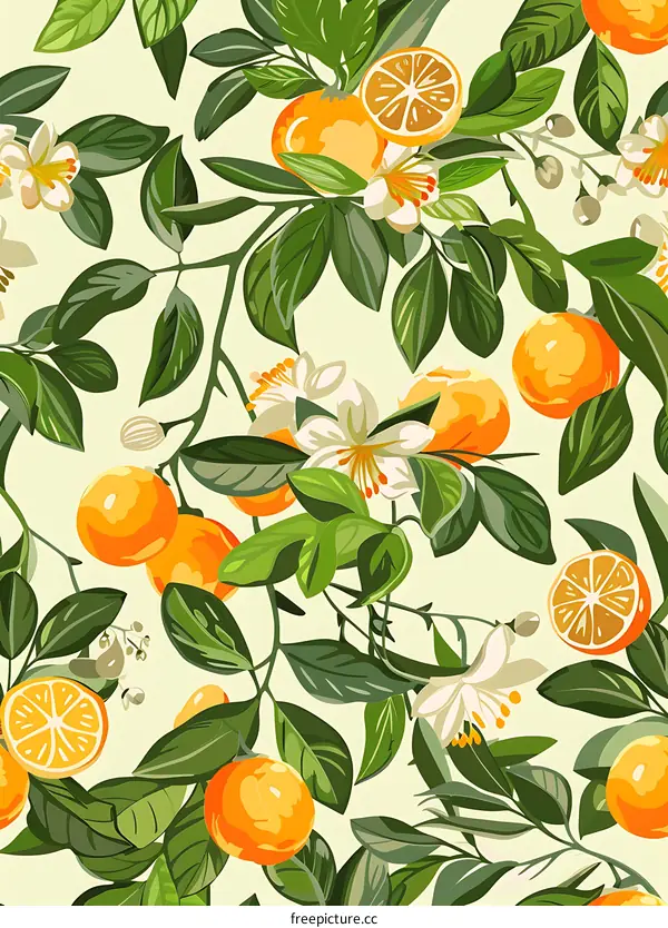 Orange Tree Seamless Pattern, Green Leaves and Orange Fruits with White Flowers
