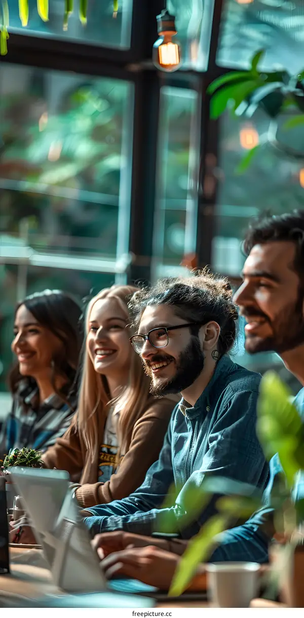 Four smiling young business professionals sitting around a table in a cafe