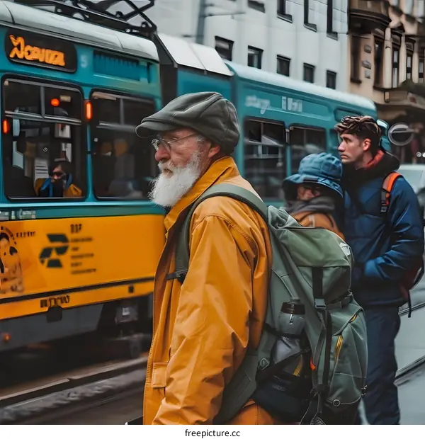 Elderly Man with Backpack Waiting at Tram Stop in the City