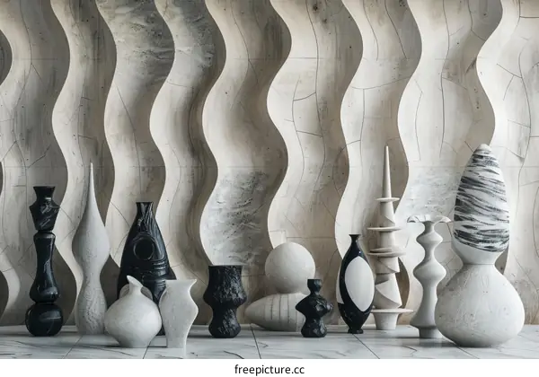 Modern Ceramic Vases on a Curved Marble Wall