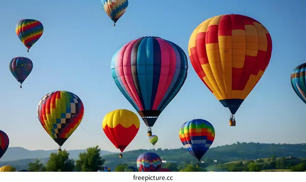 Colorful Hot Air Balloons Flying Over Green Hills