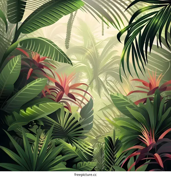 Tropical Rainforest Illustration with Lush Green Foliage and Pink Flowers