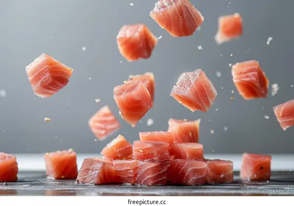 Raw tuna cubes falling against a gray background