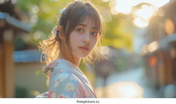 Asian Woman in Traditional Japanese Dress Outdoors