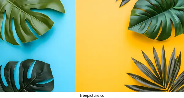 Tropical Leaves on Blue and Yellow Background