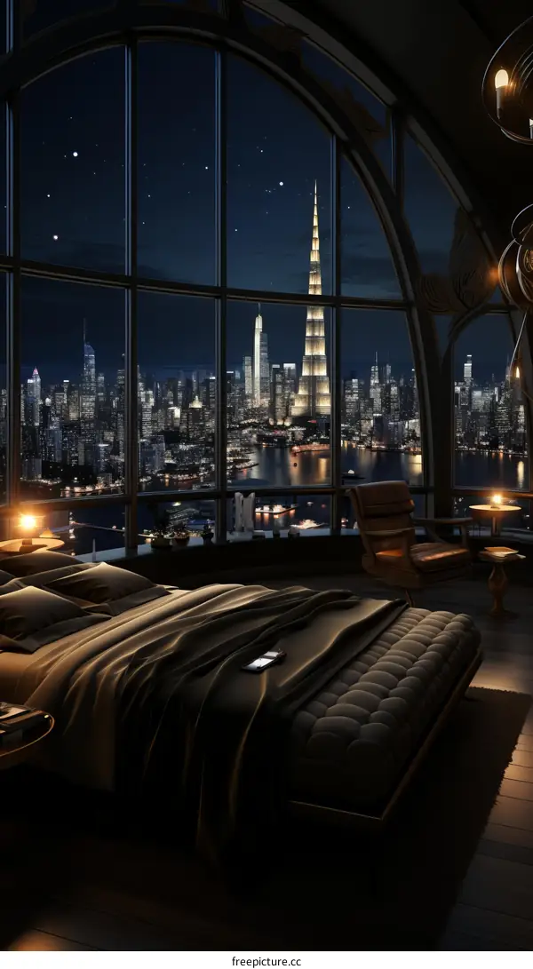 A bedroom with a view of the Burj Khalifa