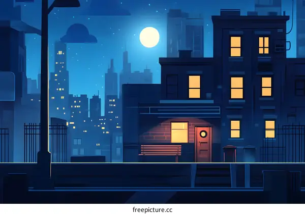 Night Cityscape with Moon and Buildings